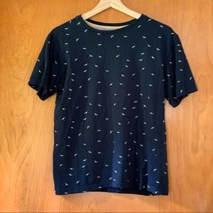 Navy Blue Seagull Bird Print Cotton Shirt Blouse